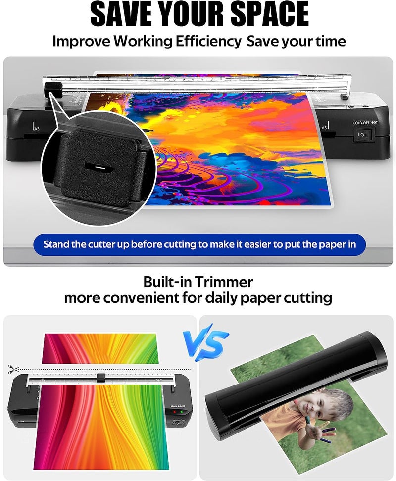 LADISHAN Laminator, A3 Laminator Machine with Built-in Trimmer, 70 Seconds Quick Warm-Up, Cold and Thermal Laminating with 50 Laminating Sheets, Portable Laminating Machine for Home School - Image 3